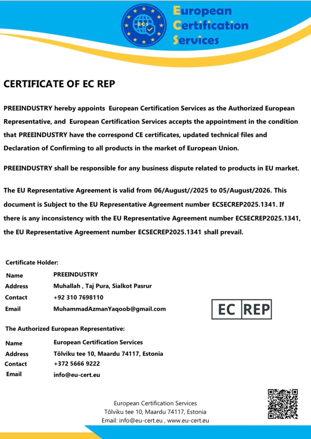 Preeindustry's official EC REP Certificate of Authorized European Representation issued by European Certification Services, confirming EU market compliance and regulatory alignment for global apparel export.